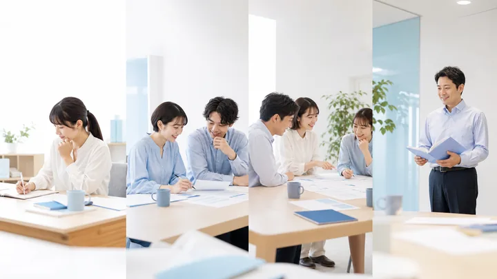 個人での確認、少人数での共同作業、チーム討議、責任者のレビューを表した四つの業務場面