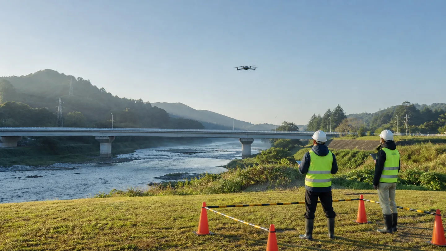 河川沿いの現場で安全区域を確保し、操縦者と補助者がドローン撮影を行う様子