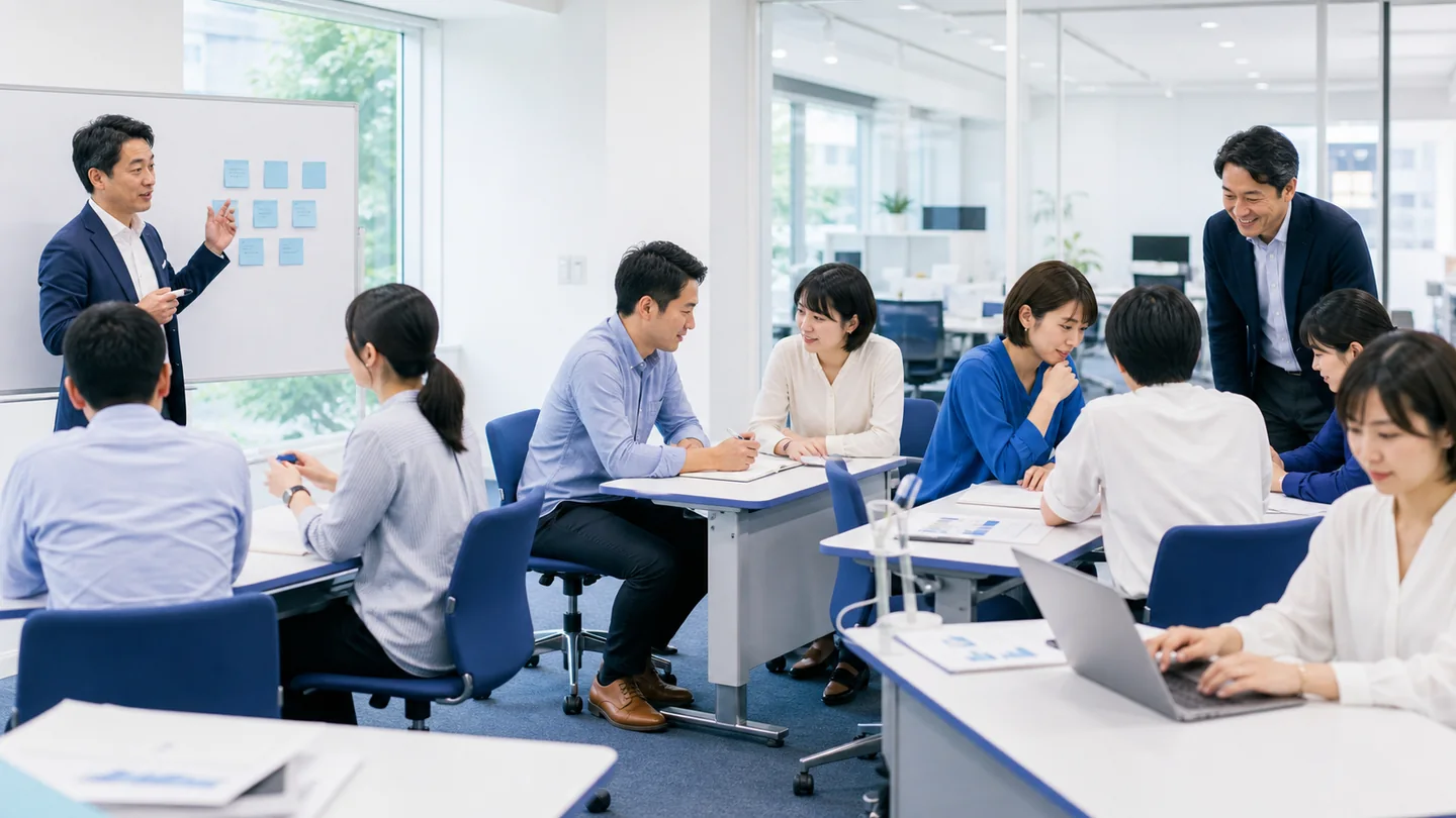 説明、実践、振り返り、日常業務への適用を続ける学習プログラムの実務イメージ