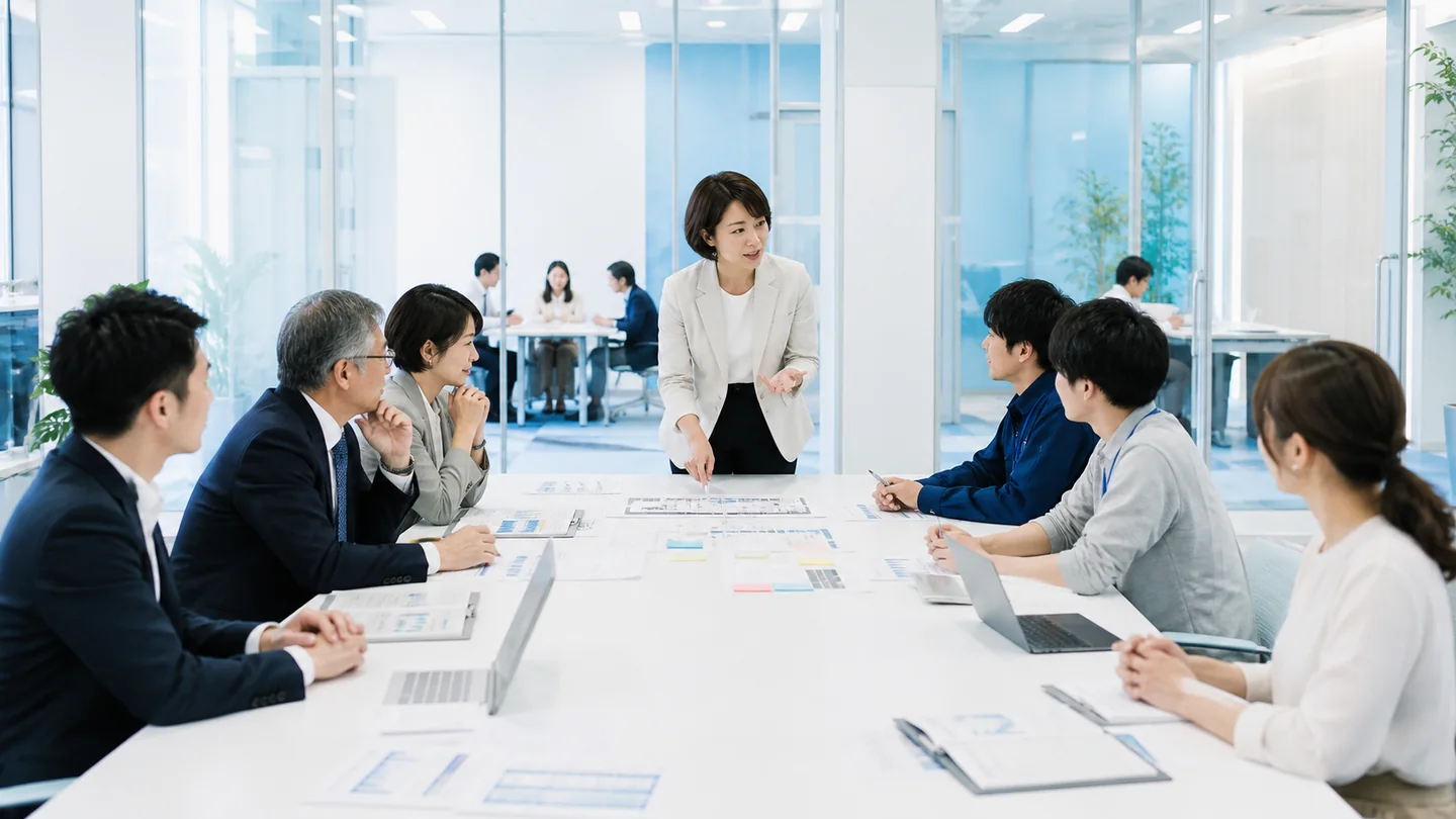 経営、利用部門、技術チームを中央の意思決定で結ぶプロジェクト運営の実務イメージ
