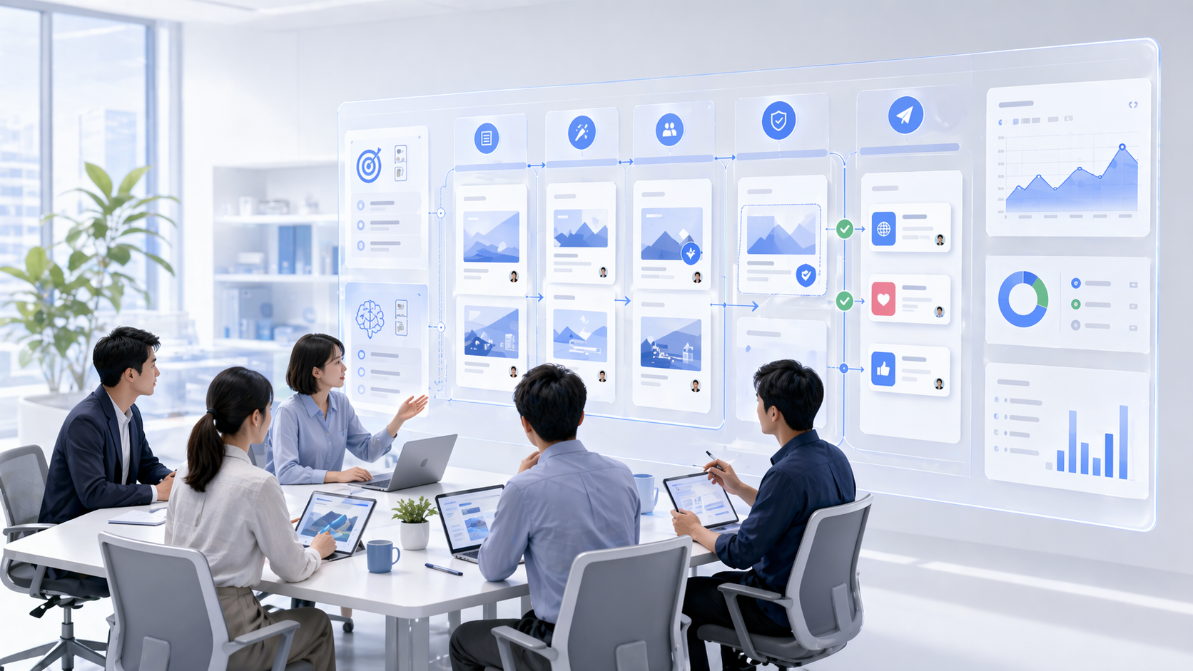 マーケティング部エージェントが企画、制作、レビュー、配信、分析を部門で運用する全体ビジュアル