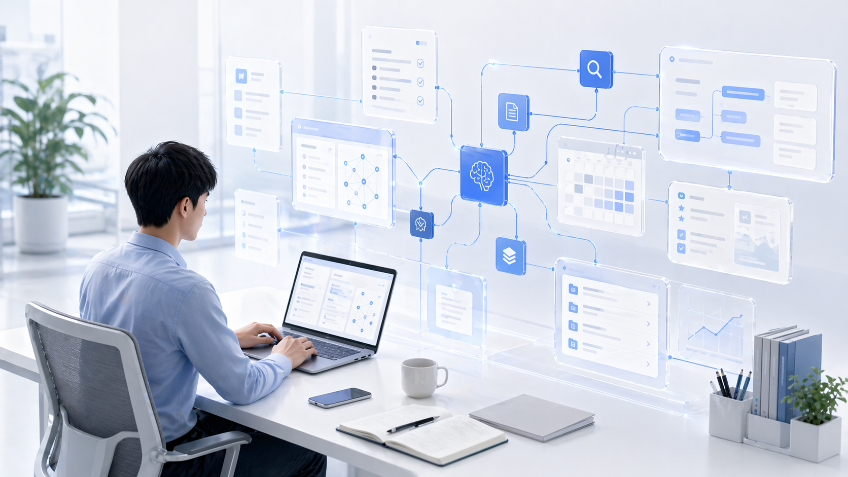個人の知識、作業ログ、予定、成果物がWork-brainとして整理される全体ビジュアル