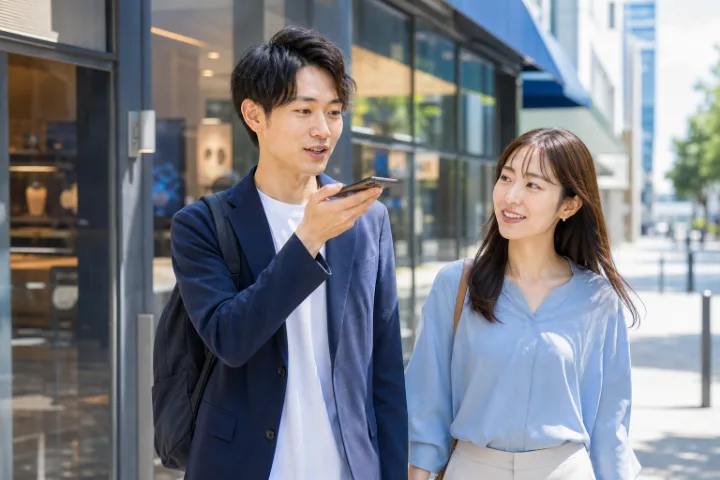 スマートフォンに声で話しかける二人の場面