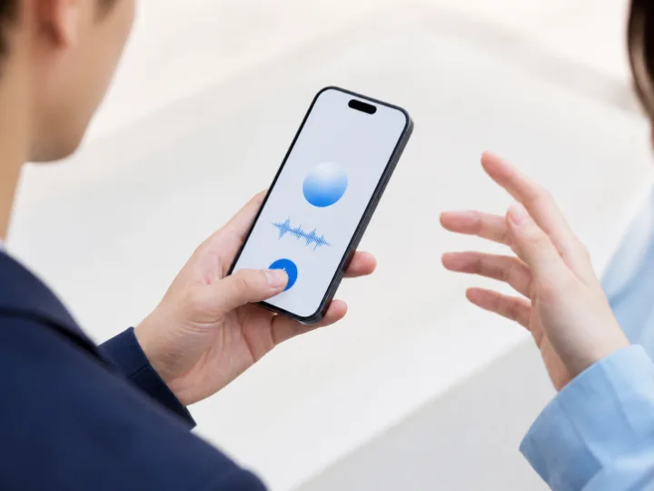 スマートフォンの音声ボタンを親指で押し、波形が表示された手元