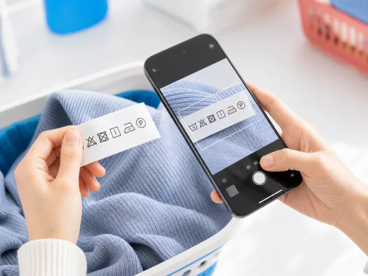 洗濯表示タグの記号だけが画面に入るよう、スマートフォンで真上から撮影する手元