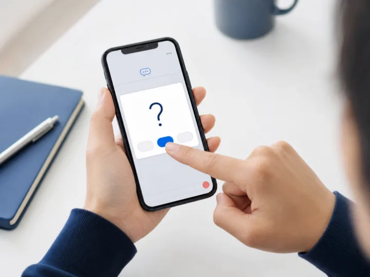 AIから一度に1つだけ出された質問へ、スマートフォンで答える手元